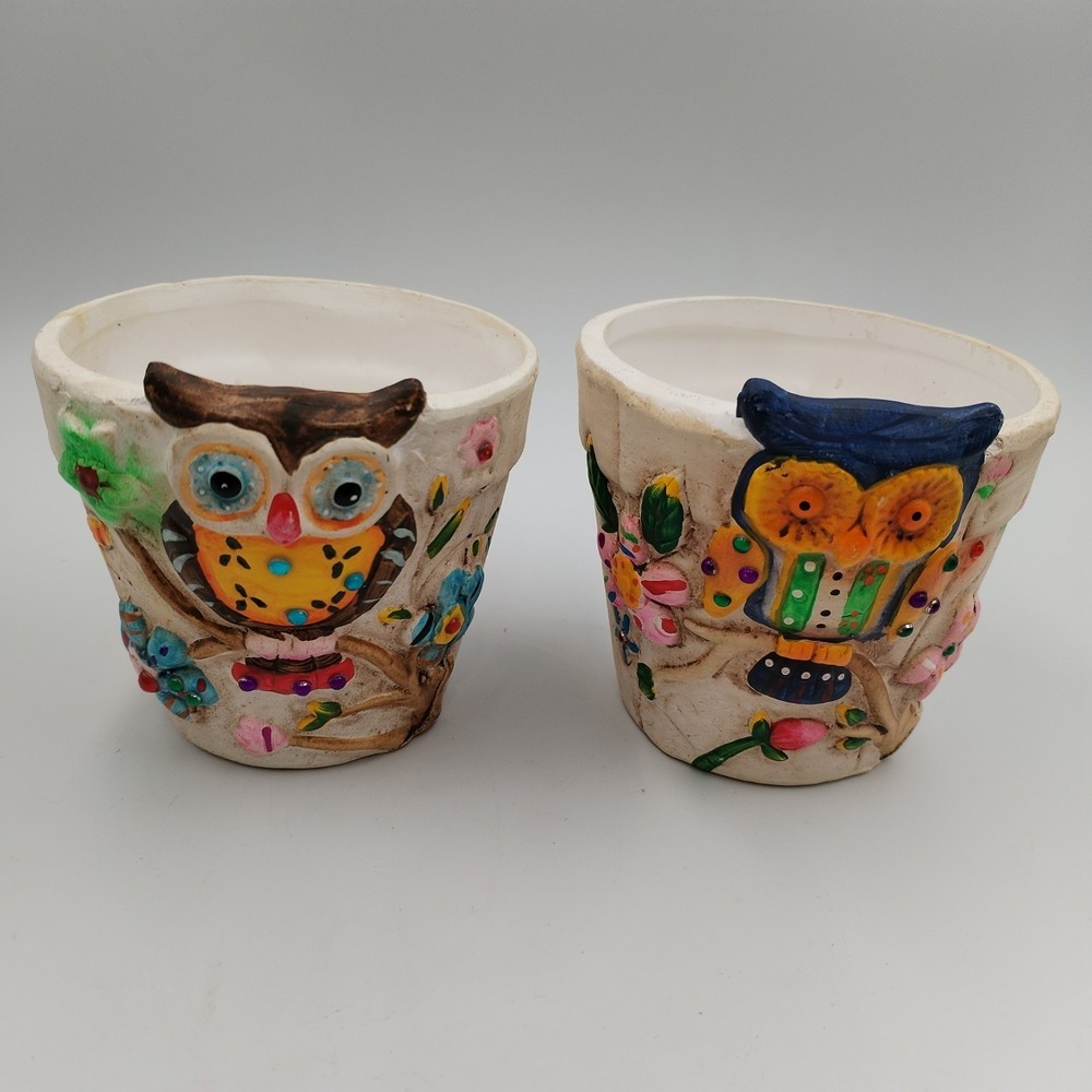 Ceramic Owl Flower Pot Planter Wildlife‎ Forest Animal Figurine 3" Brown & Blue